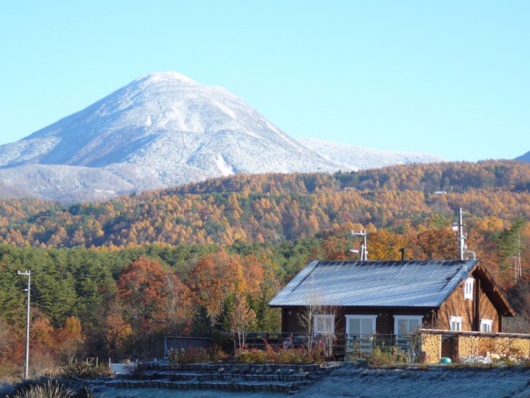 ログハウスと山の写真